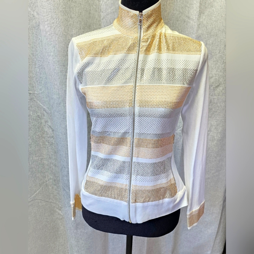 GRAYSE Kelly And Marie Gray White Gold/Silver Studded Full Zip Sweater Size XS